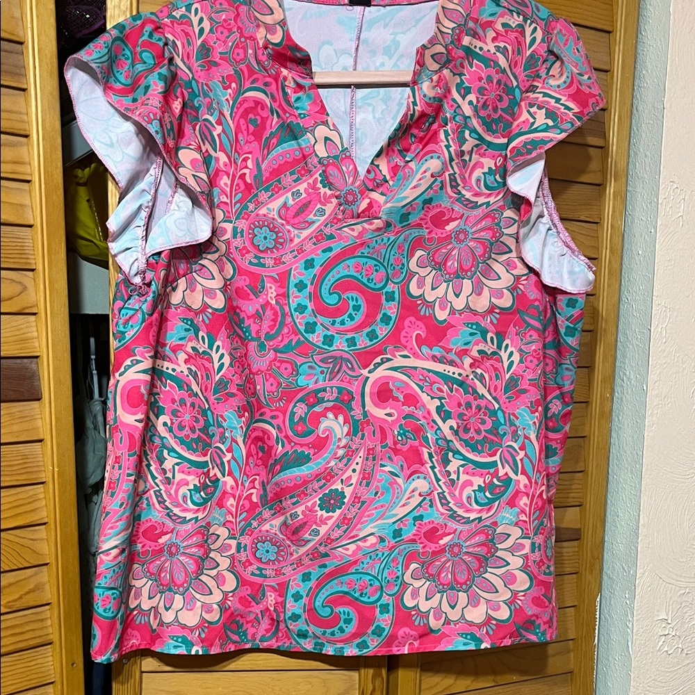 SHEIN Pink and Teal Paisley Blouse Size 1XL Curve